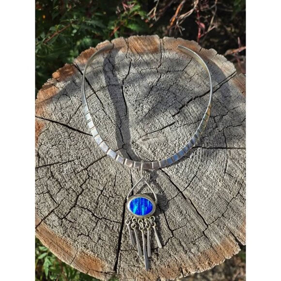 Alpaca Silver & Lab Opal Pendant & Torque Necklace from Mexico - Picture 6 of 10